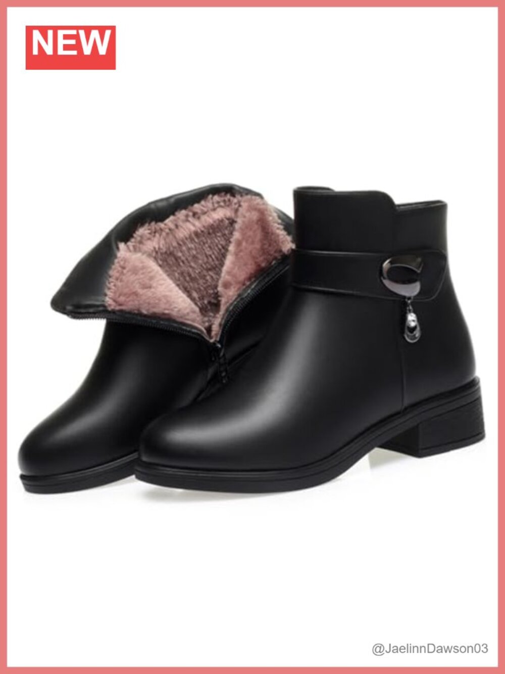Women Winter Warm Low Block Heel Snow Booties Leather Side Zipper Sparkling